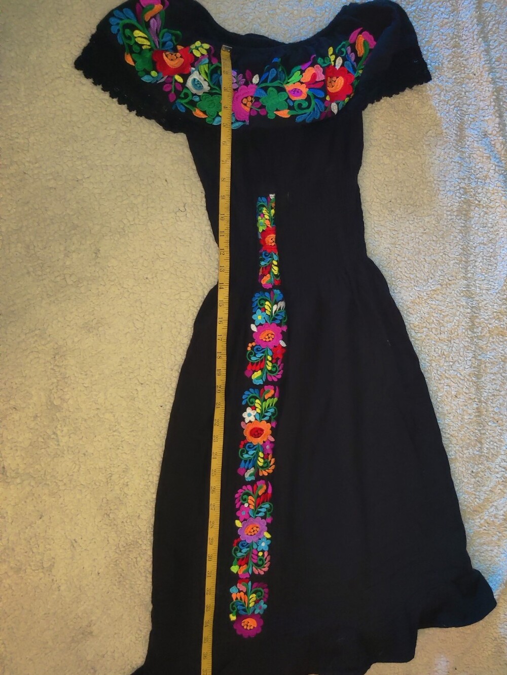Handmade Embroidery Shoulder Ruffle Black Dress Flowers Multi-Color Design - Picture 6 of 6